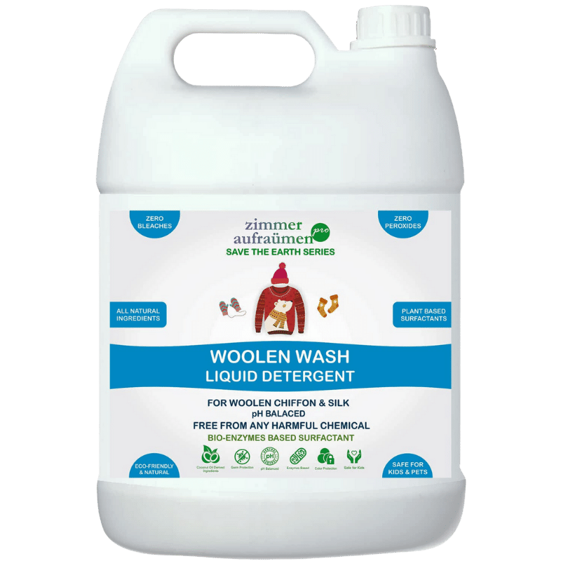 Zimmer Aufraumen Pro Woolen Wash Liquid Detergent 5Lit. Bio Enzyme Based Surfactant for Woolen, Winterwear, Chiffon & Silks (Low Foam & Mild). No Bleaches & Peroxides. Color Safe for Delicate Clothes. For Top Load Washing Machine.