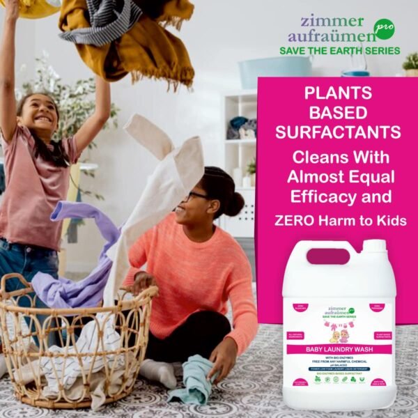 Zimmer Aufraumen Pro Baby Laundry Detergent Liquid - 5Lit. 100% Natural Bio-Enzymes Based Surfactant. Safe for Infants | Toddlers | Kids. Allergy Free Chemicals. Organic & Eco-Friendly. Essential Oils Free. Phosphate, Bleach & Peroxides Free. For Top Load & Front Load Washing Machine. With Natural & Organic Cleaning Agents. 5 Bio Enzymes Blend.