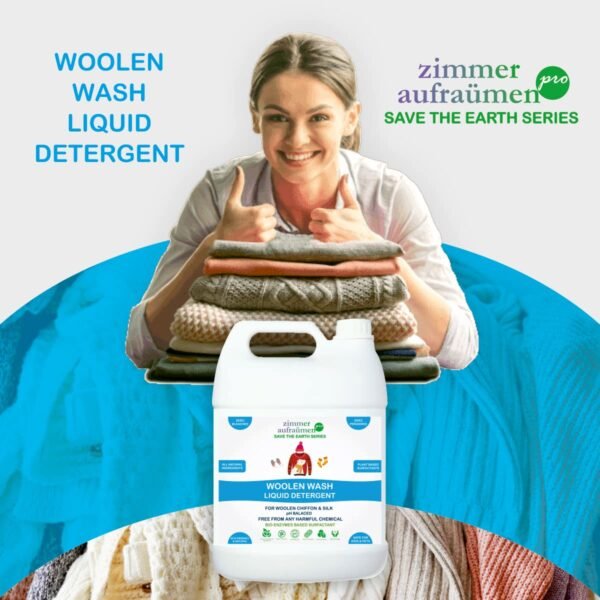 Zimmer Aufraumen Pro Woolen Wash Liquid Detergent 5Lit. Bio Enzyme Based Surfactant for Woolen, Winterwear, Chiffon & Silks (Low Foam & Mild). No Bleaches & Peroxides. Color Safe for Delicate Clothes. For Top Load Washing Machine.